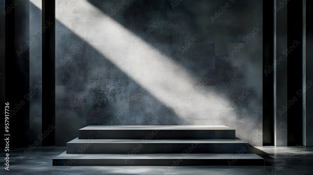podium made of smooth, polished concrete with angular lines, set against a dark, urban backdrop