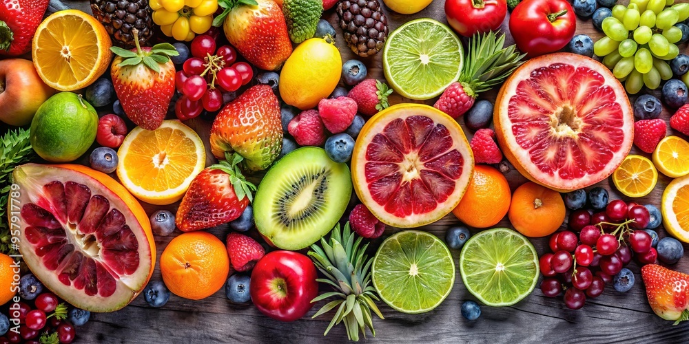 Top view of an array of fresh fruits symbolizing a healthy diet