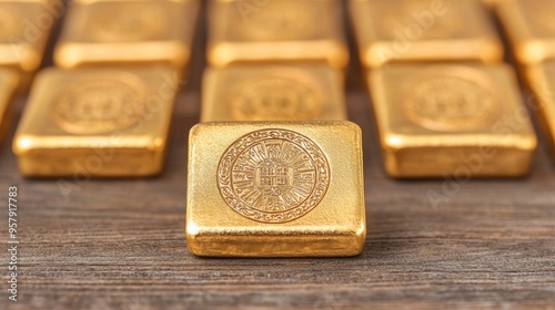 Cultural Wealth in Gold Bars - Traditional Symbols Engraved | Copy Space for Text, Selective Focus | Ultra HD