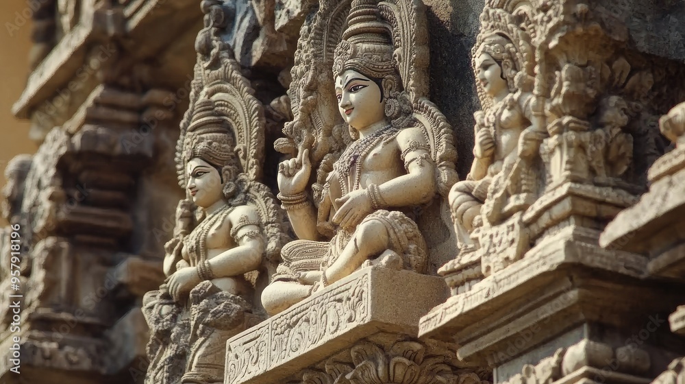 Close-up of a detailed stone carving depicting deities on the exterior of an Indian temple. Close-up of a detailed stone carving depicting deities on the exterior of an Indian temple.
