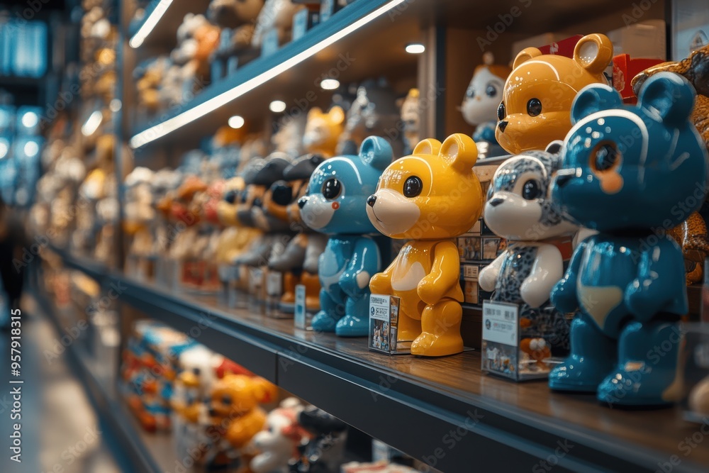Naklejka premium Close-up of colorful bear-shaped figurines arranged neatly on a store shelf, highlighting a variety of playful designs in a retail setting.