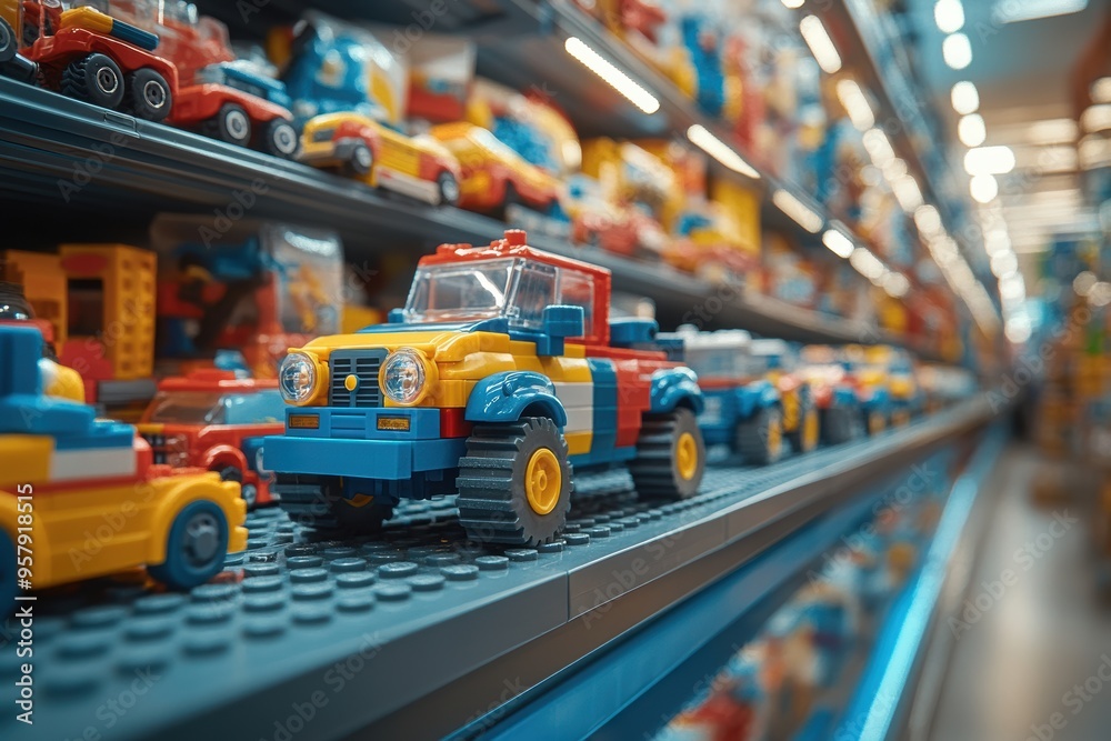 Close-up of colorful toy vehicles neatly arranged on store shelves, showcasing a variety of vibrant and detailed toy cars and trucks in a retail setting. Close-up of colorful toy vehicles neatly arranged on store shelves, showcasing a variety of vibrant and detailed toy cars and trucks in a retail setting.