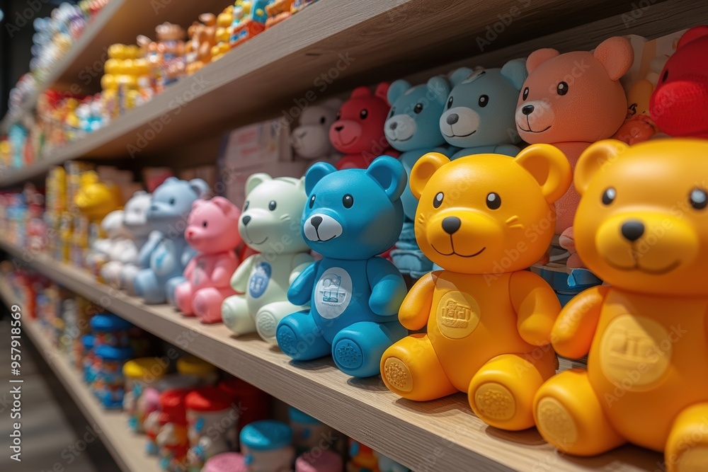 Obraz premium A variety of colorful teddy bear toys are neatly arranged on store shelves, showcasing a cheerful and organized selection of children's plush toys.