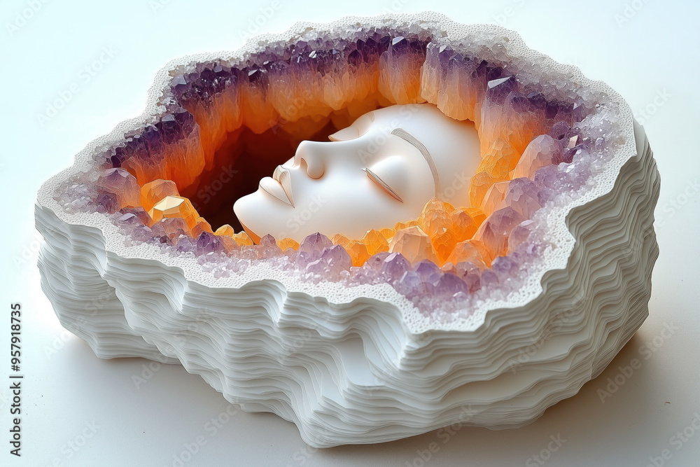 Amethyst and citrine geode with serene face Amethyst and citrine geode with serene face