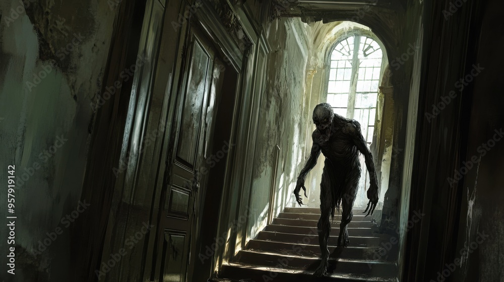 Detailed and Eerie Illustration of a Skin-Walker with Glowing Eyes and a Shifting Form, Capturing the Supernatural and Unsettling Nature of this Mythical Creature Detailed and Eerie Illustration of a Skin-Walker with Glowing Eyes and a Shifting Form, Capturing the Supernatural and Unsettling Nature of this Mythical Creature