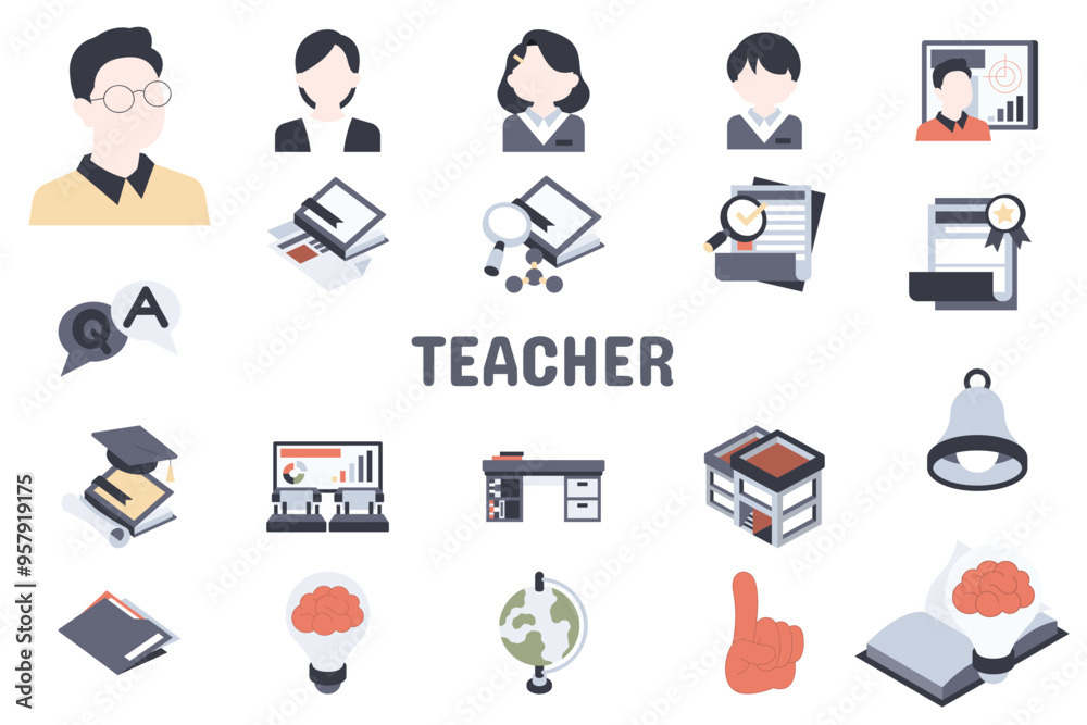 Teacher Flat Vector Illustration Icon Sticker Set Design Materials Teacher Flat Vector Illustration Icon Sticker Set Design Materials