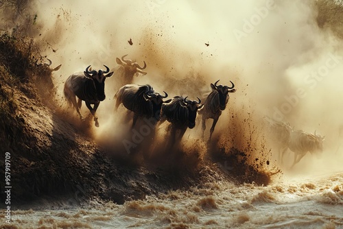 A dramatic scene of wildebeest stampeding down a steep riverbank, dust swirling in the air, motion blur, dynamic shot, intense action, natural light photo