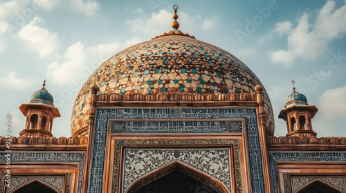 The domed roof of a Mughal-era mosque, with intricate tile work and calligraphy inlaid in stone.