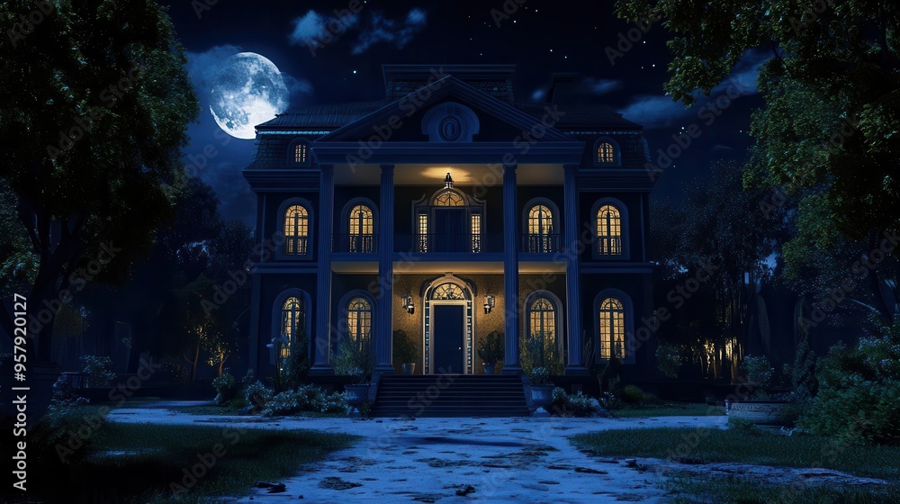Fototapeta premium Mansion with ghostly presence in moonlight, flat design, front view, phantom shadows theme, 3D render, vivid colors