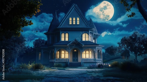 Mansion with ghostly presence in moonlight, flat design, front view, phantom shadows theme, 3D render, vivid colors