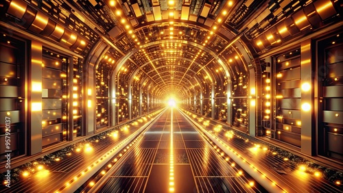 Futuristic tunnel with golden lights and intricate tech components