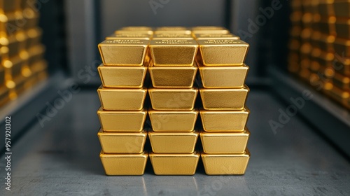 Securely Stacked Gold Bullion in High-Security Vault with Dramatic Shadows and Copy Space, Selective Focus, Ultra HD