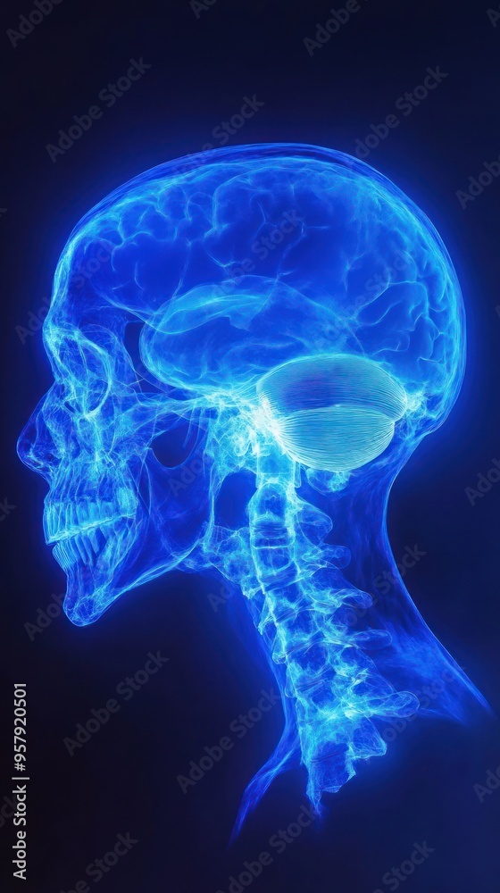 A 3D rendering of a human skull with a blue glowing brain and spinal cord. A 3D rendering of a human skull with a blue glowing brain and spinal cord.