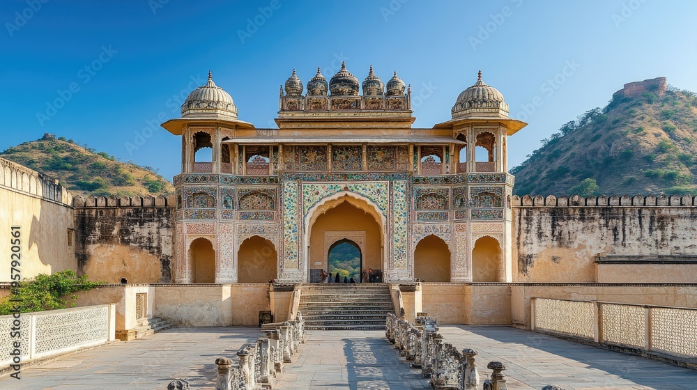 Obraz premium The grand entrance of the Amber Fort, with its ornate arches and detailed frescoes.