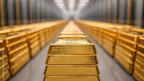 Fortified Treasure: Rows of Gold Bullion in Secure Vault with Copy Space, High Contrast Ultra HD Image
