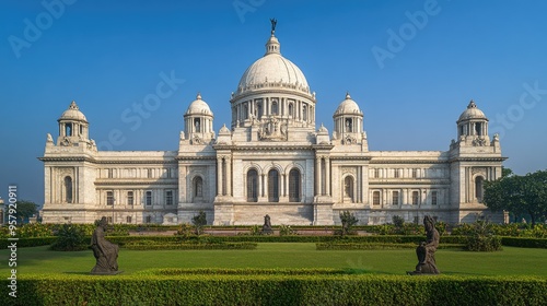 The grand facade of the Victoria Memorial in Kolkata, with its marble domes and detailed sculptures.