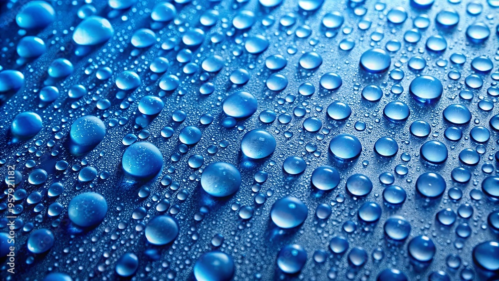 Close-up of a blue background with water droplets, creating a refreshing and tranquil feeling Close-up of a blue background with water droplets, creating a refreshing and tranquil feeling