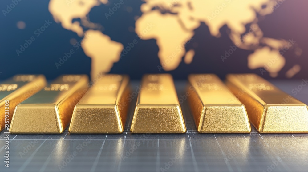 Global Financial Growth Concept with Gold Bars, World Map, and Graphs on Dark Background with Copy Space. Ultra HD Quality Image. Global Financial Growth Concept with Gold Bars, World Map, and Graphs on Dark Background with Copy Space. Ultra HD Quality Image.