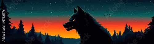 Spooky werewolf silhouette under the twilight sky, flat design, front view, cursed atmosphere theme, animation, Complementary Color Scheme