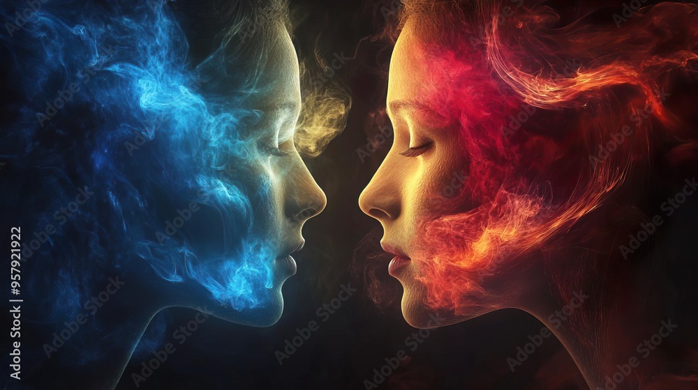 Abstract art of two faces, one fire and one water, facing each other. Abstract art of two faces, one fire and one water, facing each other.