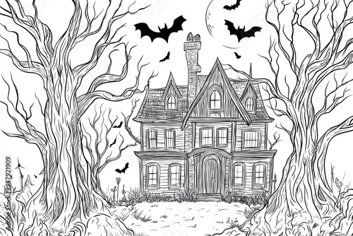 Haunted house coloring page for Halloween photo