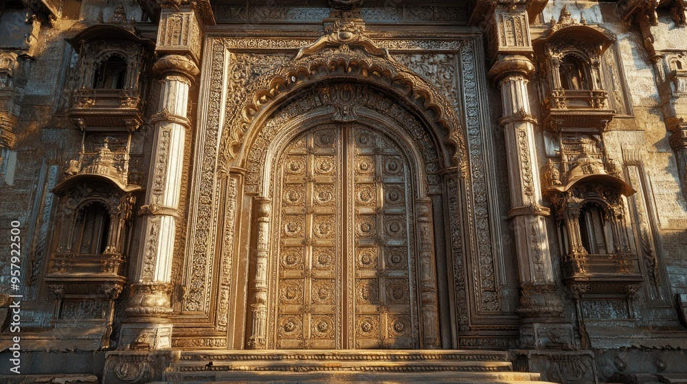 The majestic entrance gate of an Indian fort, with intricate carvings and heavy wooden doors. The majestic entrance gate of an Indian fort, with intricate carvings and heavy wooden doors.