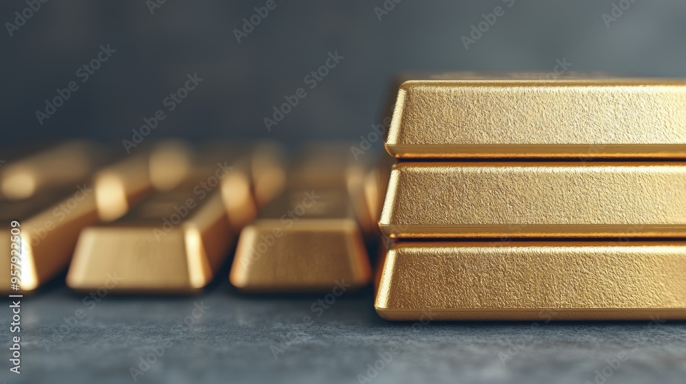 Shiny Gold Bars in Industrial Setting with Realistic Textures and Warm Glow, Selective Focus. Shiny Gold Bars in Industrial Setting with Realistic Textures and Warm Glow, Selective Focus.