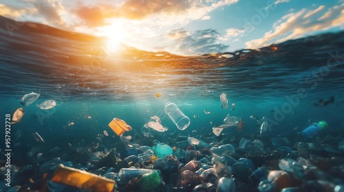 Plastic bottles and debris litter a beach, highlighting pollution's impact on the ocean.