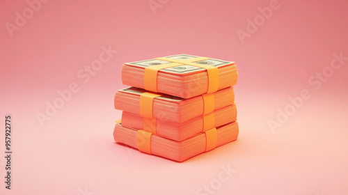 A 3D rendering of a bundle of money icon set against a clean, minimalist background. The design features a cartoon-style representation of the money bundle, with simple yet bold lines and a vibrant co photo