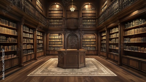 A vast, glowing library with endless bookshelves and a reflective floor.