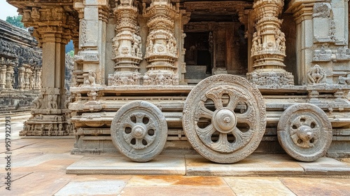 The majestic stone chariot at the Vittala Temple in Hampi, with its detailed carvings and wheels.
