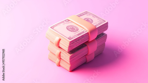 A 3D rendering of a bundle of money icon set against a clean, minimalist background. The design features a cartoon-style representation of the money bundle, with simple yet bold lines and a vibrant co photo