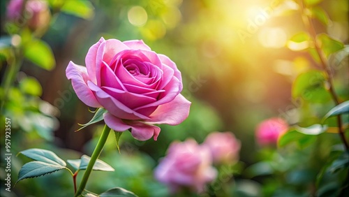 Pink rose on stem against blurred backdrop of leaves and flowers