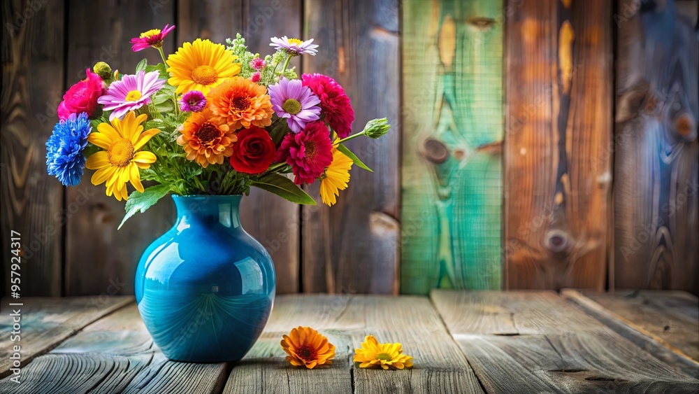 Blue vase filled with colorful flowers on a rustic wooden table with a blurred background Blue vase filled with colorful flowers on a rustic wooden table with a blurred background