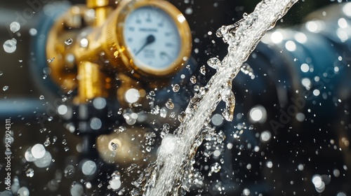 A burst water pipe near a water meter, water spraying violently in all directions, droplets glistening in the air, with a close-up of the gauge showing dangerously high pressure photo