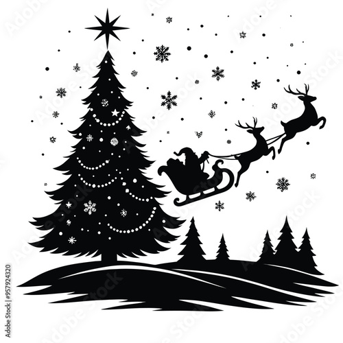 Christmas Silhouette Scene with Santa and Reindeer