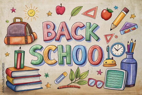 Back to School Illustration with Colorful Supplies.