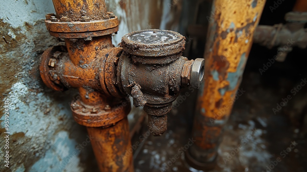 A close-up of a water meter in a basement with both corroded, aged pipes and fresh, polished ones intertwining, emphasizing the blend of past and present infrastructure A close-up of a water meter in a basement with both corroded, aged pipes and fresh, polished ones intertwining, emphasizing the blend of past and present infrastructure