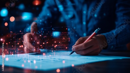 A close-up of an engineer's hands holding a blueprint of water meter placements, set against a digital background with 3D architectural models, glowing neon accents, and minimalist design.