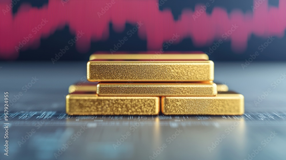 Future of Trading: Gold Bars on Holographic Financial Data Platform with Copy Space, Selective Focus - Ultra HD
