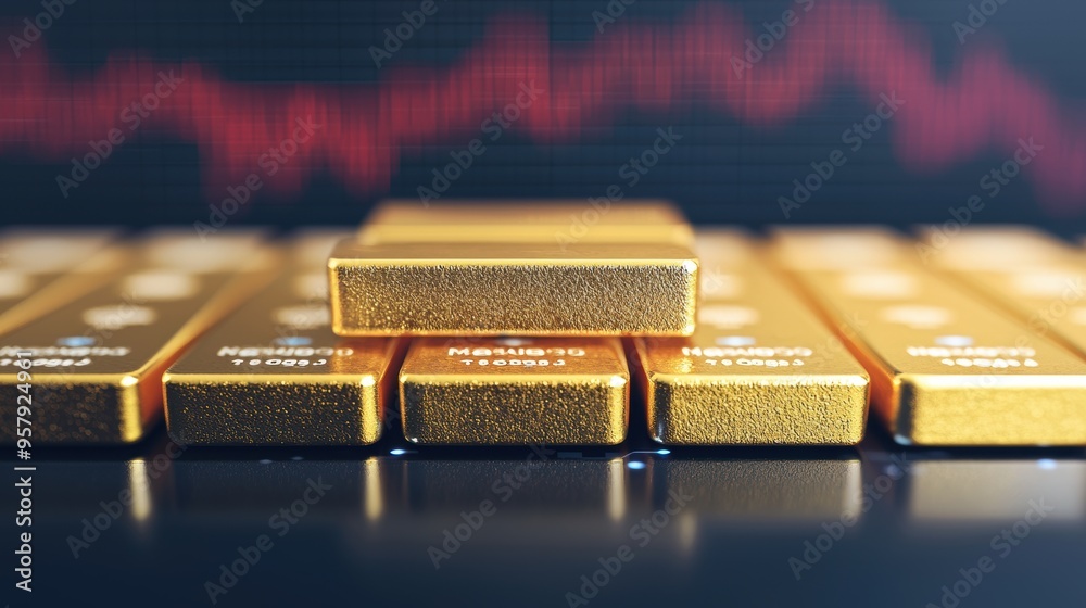 Future of Trading: Gold Bars on Holographic Financial Data Platform with Copy Space, Selective Focus in Ultra HD