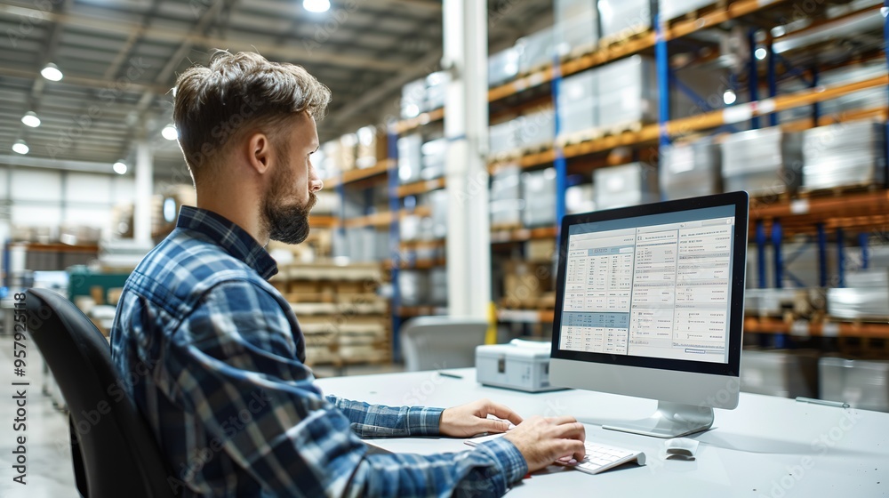 Man at computer in warehouse managing inventory Man at computer in warehouse managing inventory