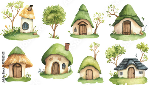 Set of Watercolor Illustrations of Different Huts in Children’s Fantasy World