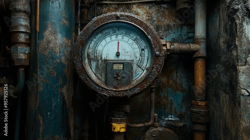 A detailed view of a water meter in a dimly lit basement, connected to a network of old rusted pipes and shiny new ones, showing the contrast between aging and modern plumbing