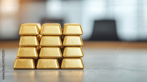 Wealth and Luxury Concept - Closeup of Gold Bullion on Trading Desk in High-End Financial Office with Copy Space, Selective Focus, Ultra HD