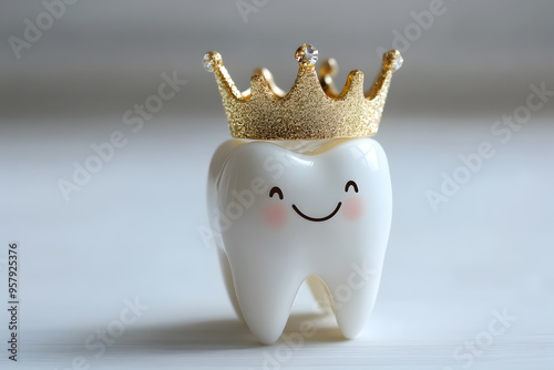 Happy molar tooth wearing a golden crown, concept of dental hygiene