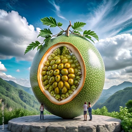 A giant Granadilla fruit dwarfs two figures in a stunning 3D illustration. photo