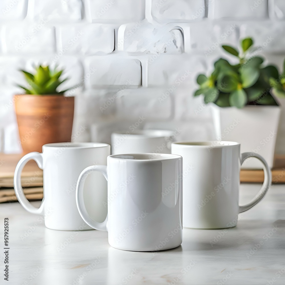 Three white mugs with a blurred background of plants and a white brick wall. Three white mugs with a blurred background of plants and a white brick wall.