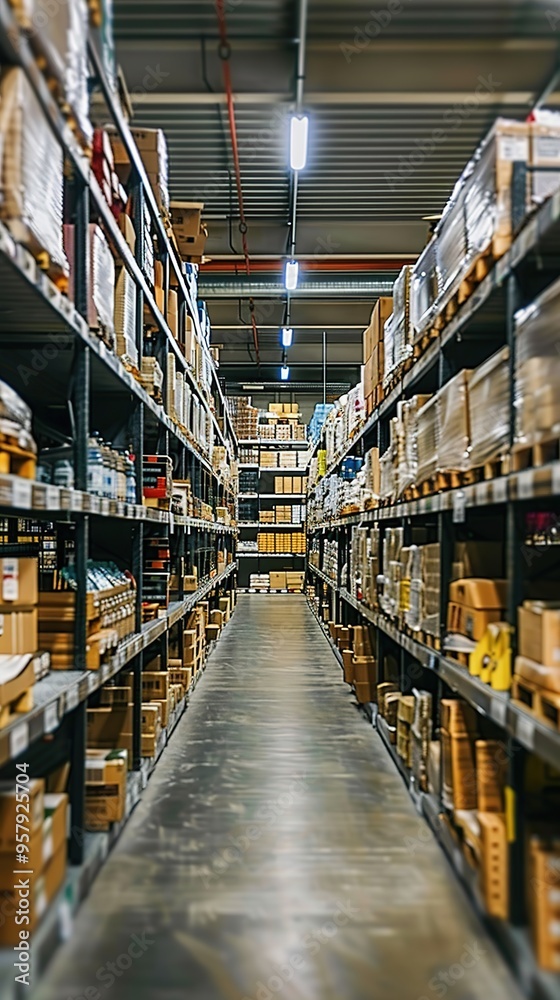 Warehouse aisle with shelves stocked with boxes. Warehouse aisle with shelves stocked with boxes.