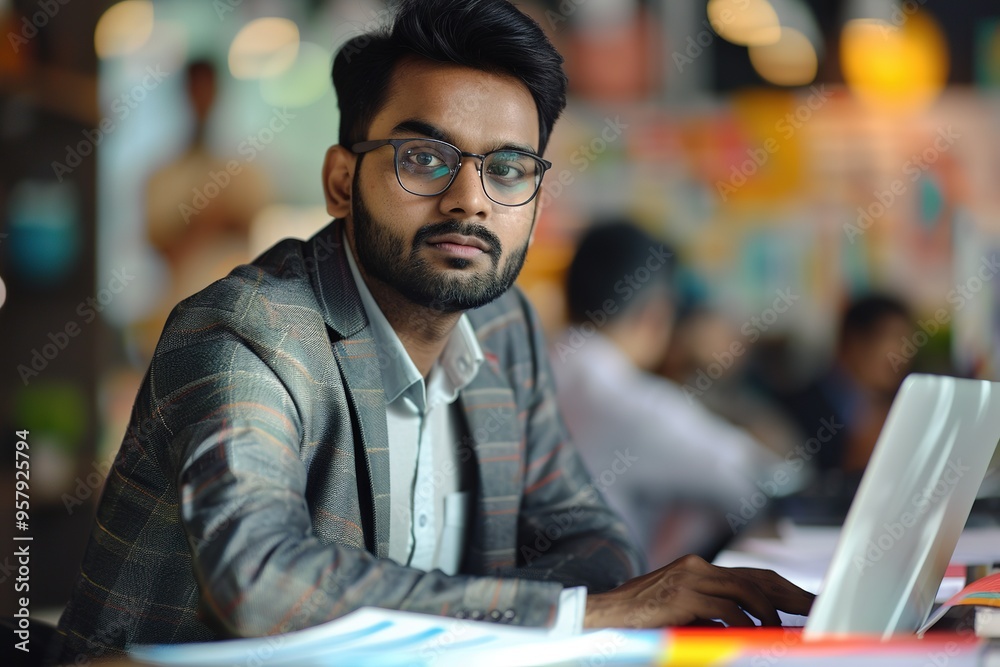 Focused man working on laptop in busy office Focused man working on laptop in busy office